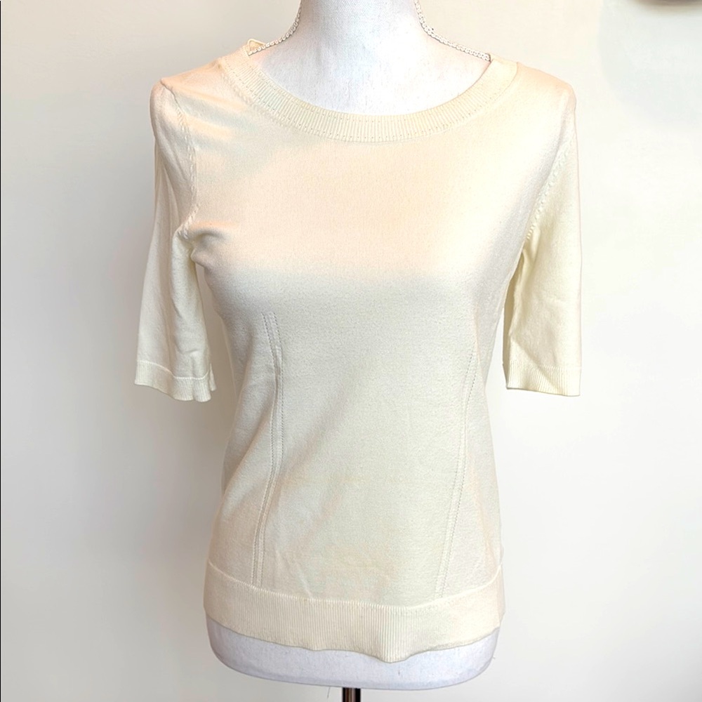 Milly Cream Knit Top w/ Black Ribbon Zipper Top Size M Excellent Condition